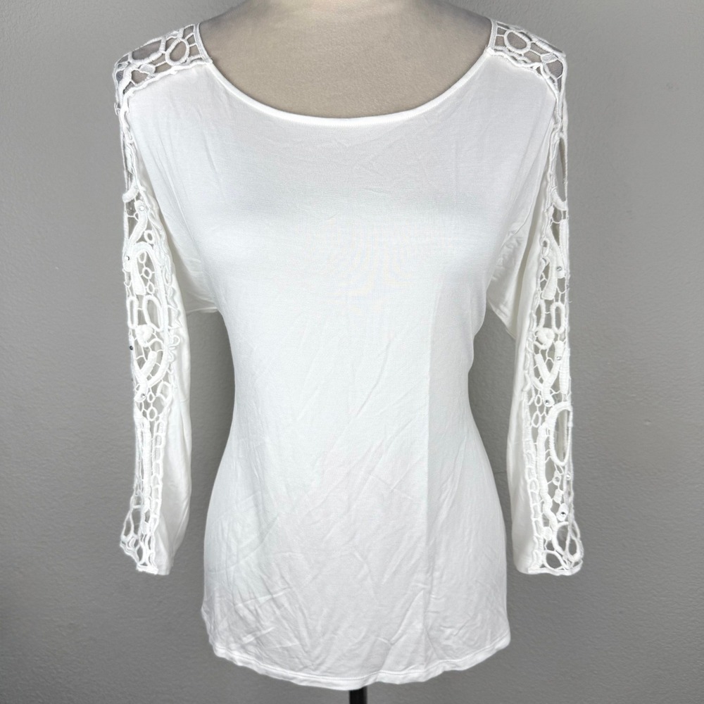 White Crochet Lace Rhinestone Sleeve Long Sleeve Top Scoop Neck Blouse Soft